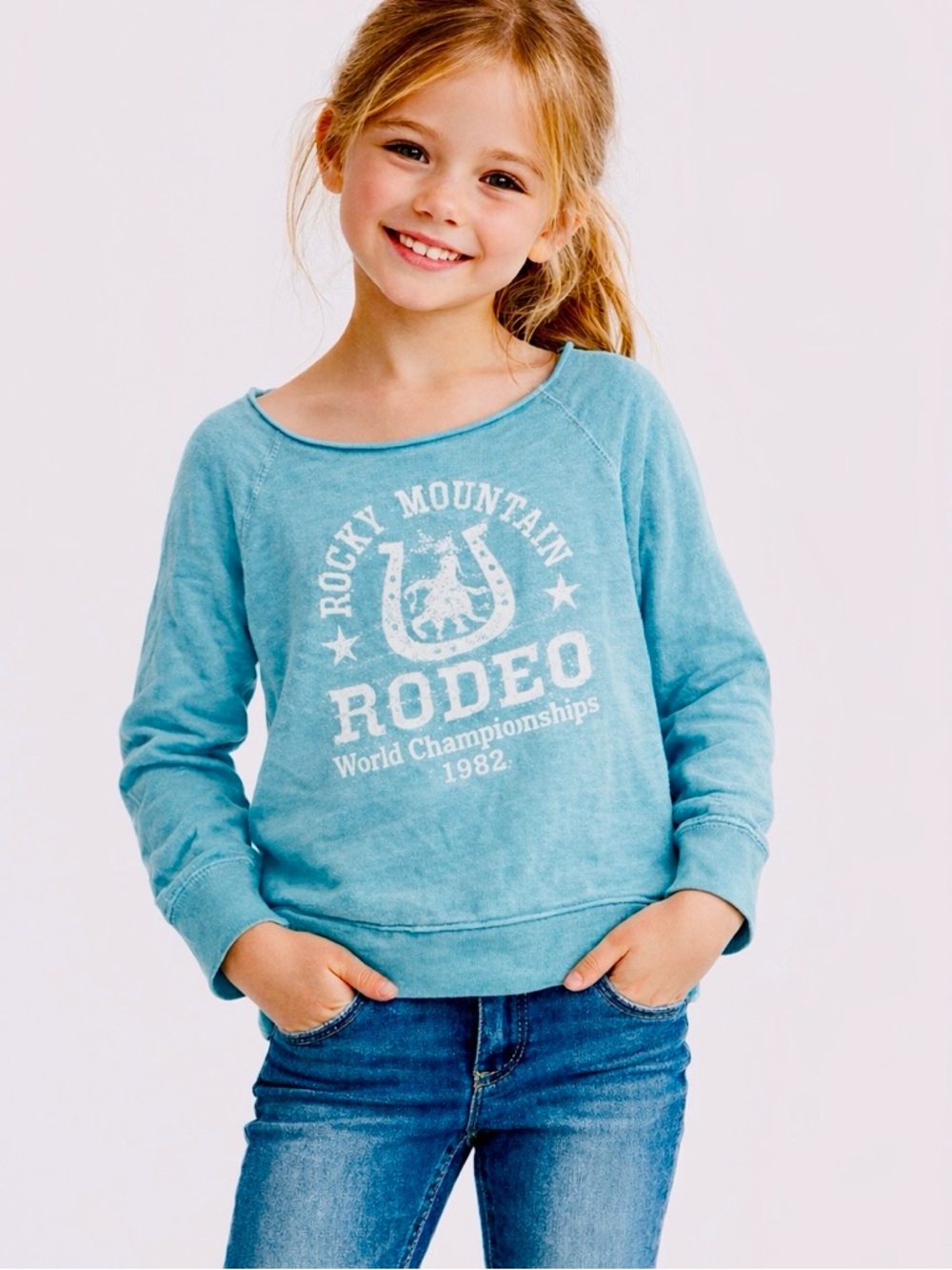 SCRAPBOOK Turquoise Rodeo Sweatshirt w Raw Hem - Picture 3 of 15